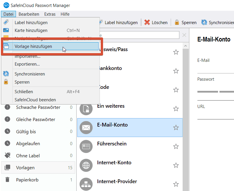 Safeincloud Vorlage hinzufuegen