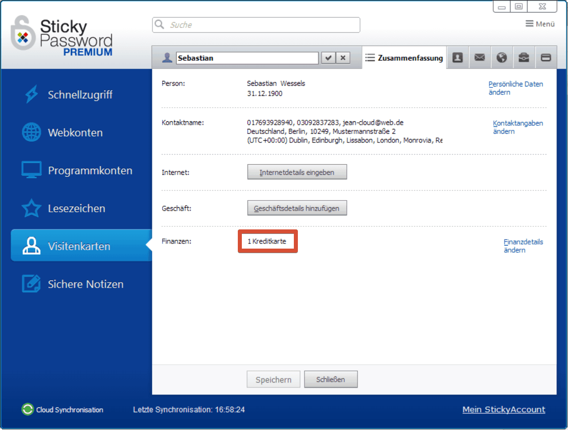 Sticky Password Ansicht Visitenkarten
