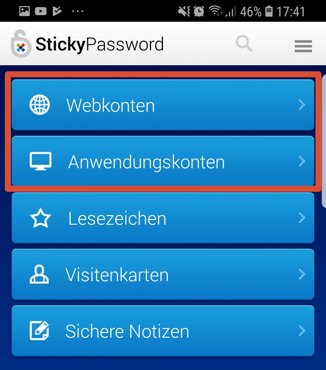 Sticky Password App Hauptmenue