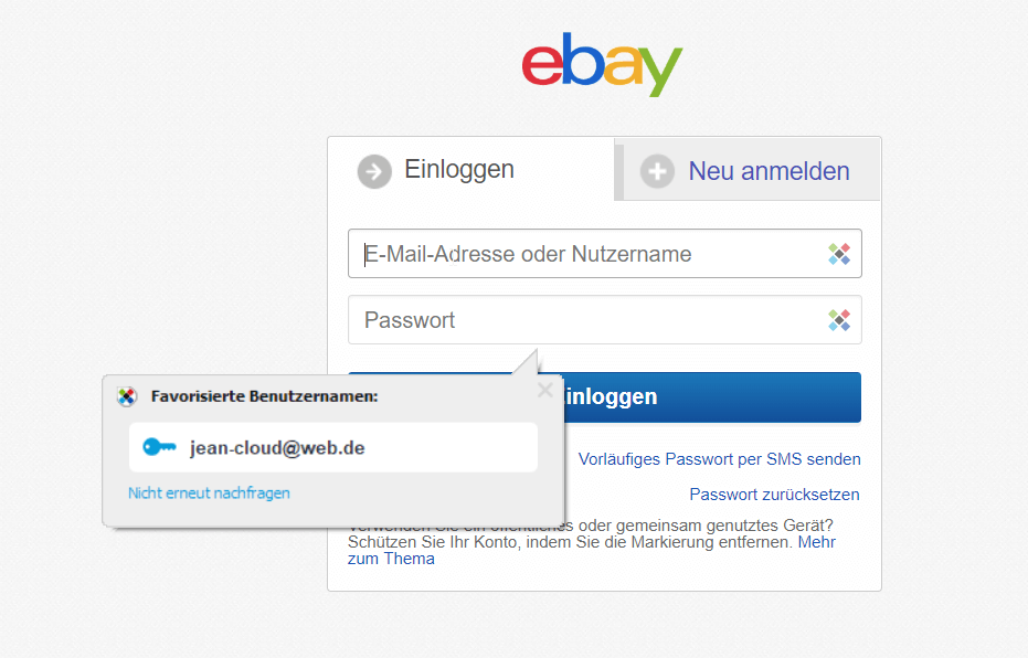 Sticky Password favorisierte Benutzernamen Ebay