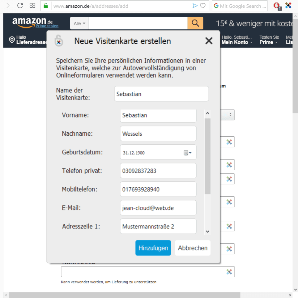 Sticky Password neue Visitenkarten erstellen