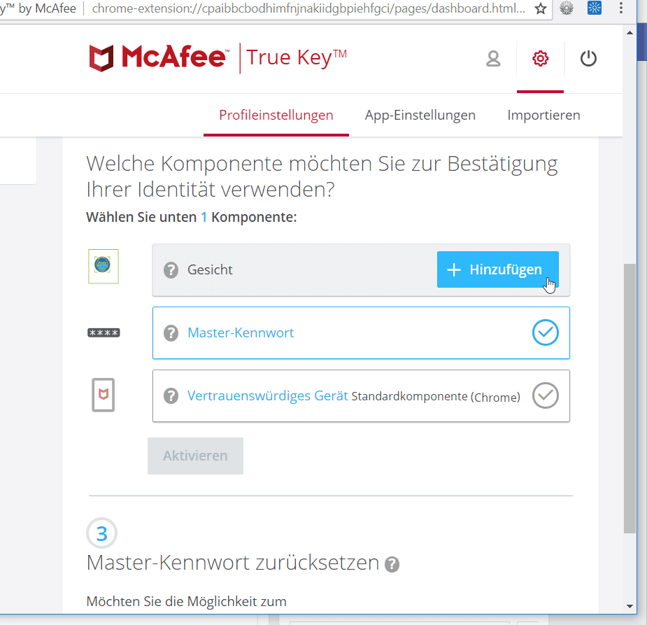 True Key Komponente Gesicht
