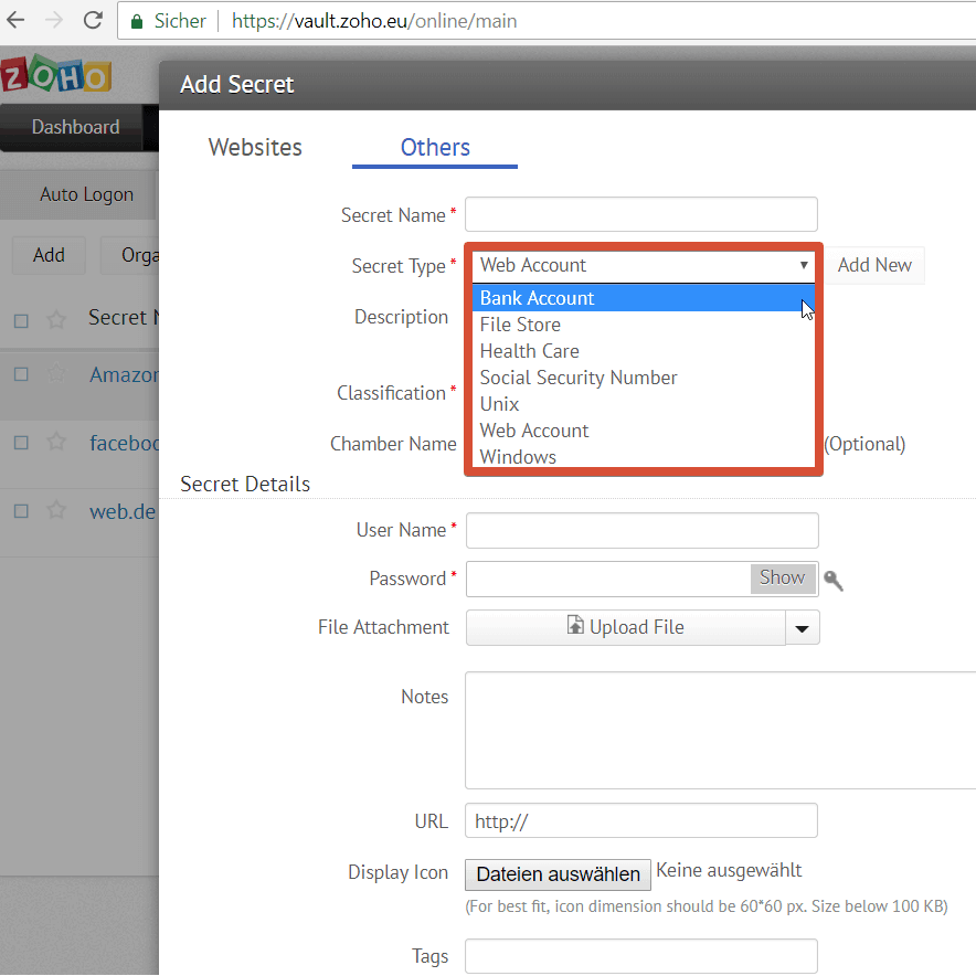 Zoho Vault Add Secret Others