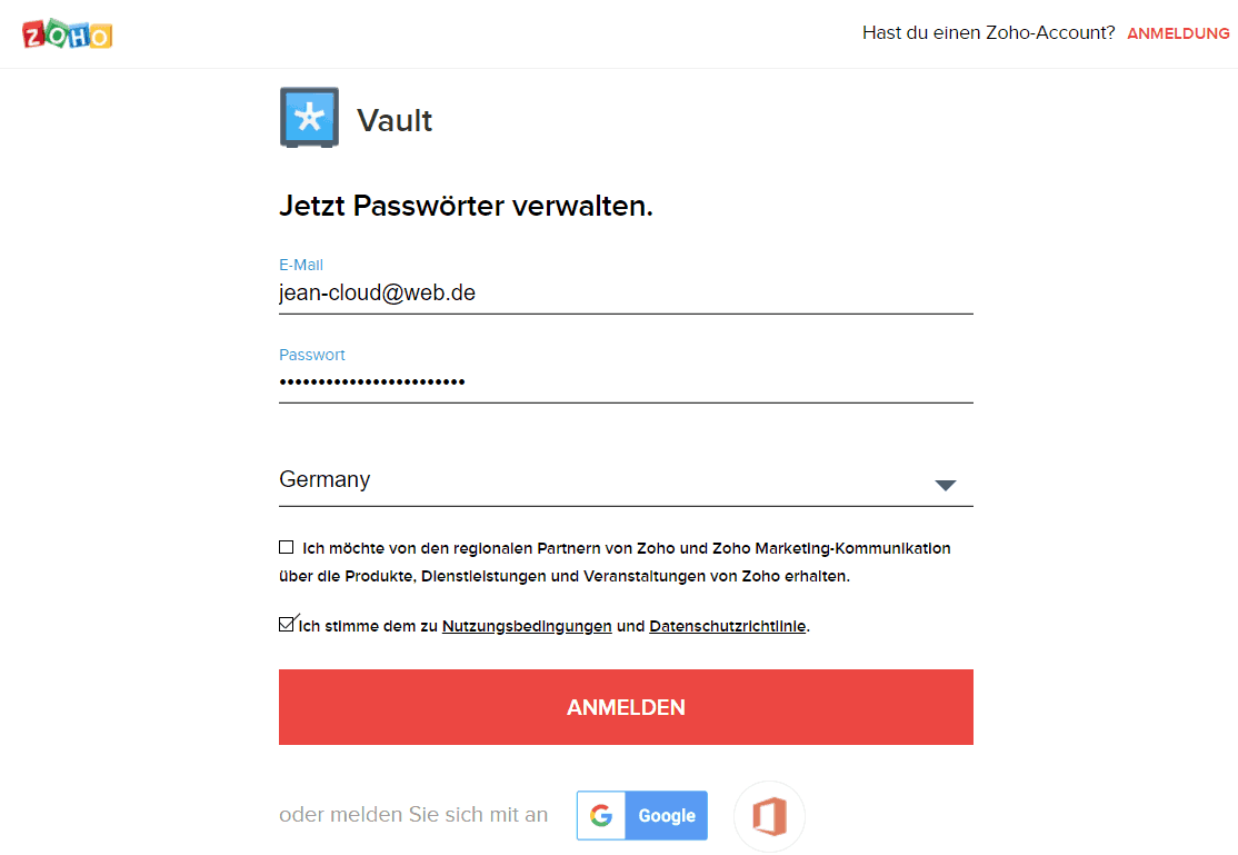 Zoho Vault Anmeldung