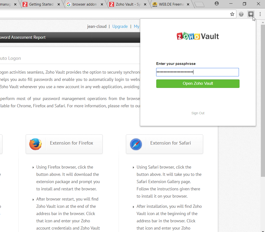 Zoho Vault Browser Erweiterung anmelden