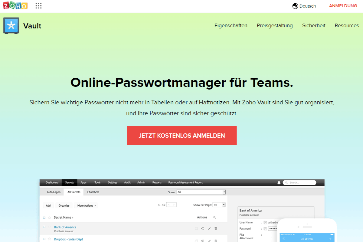 Zoho Vault Homepage