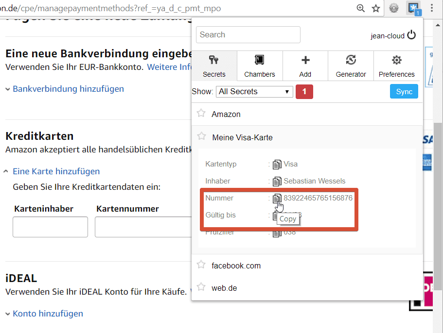 Zoho Vault Kreditkarte erfassen Amazon