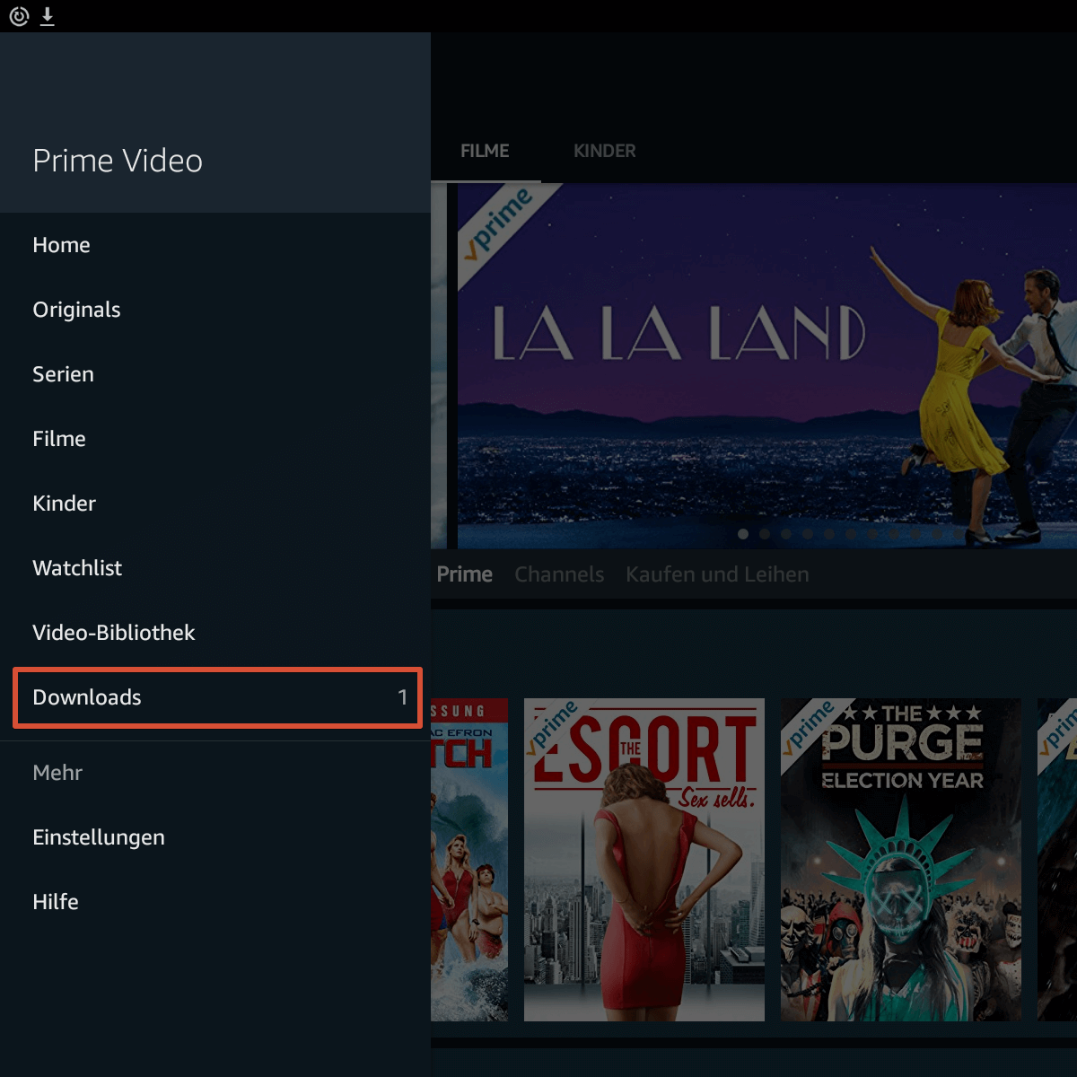 Amazon Prime Video App – Download-Menü