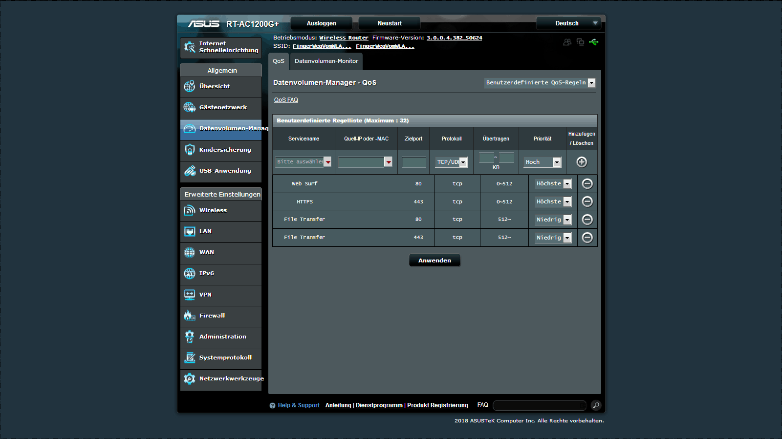 Asus RT-AC1200G Datenvolumen Manager