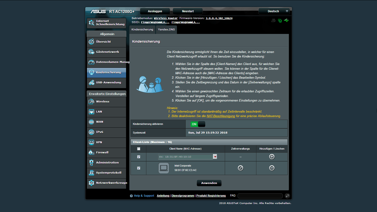 Asus RT-AC1200G Kindersicherung