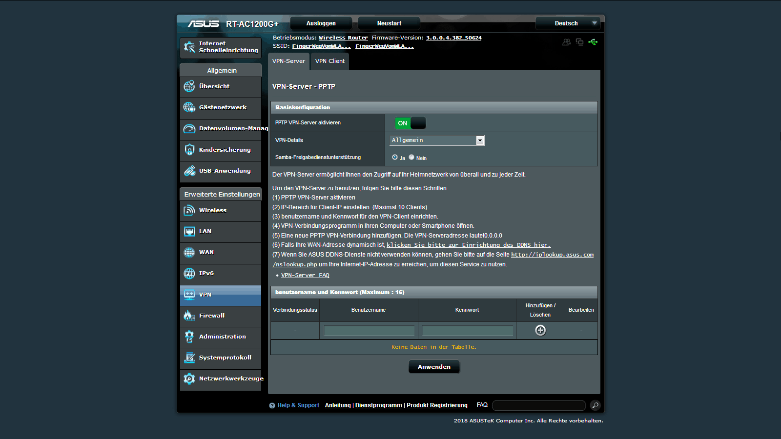 Asus RT-AC1200G PPTP