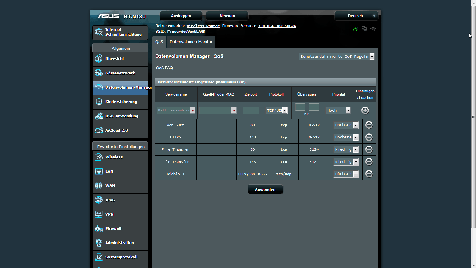Asus RT-N18U N600 Datenvolumen-Manager