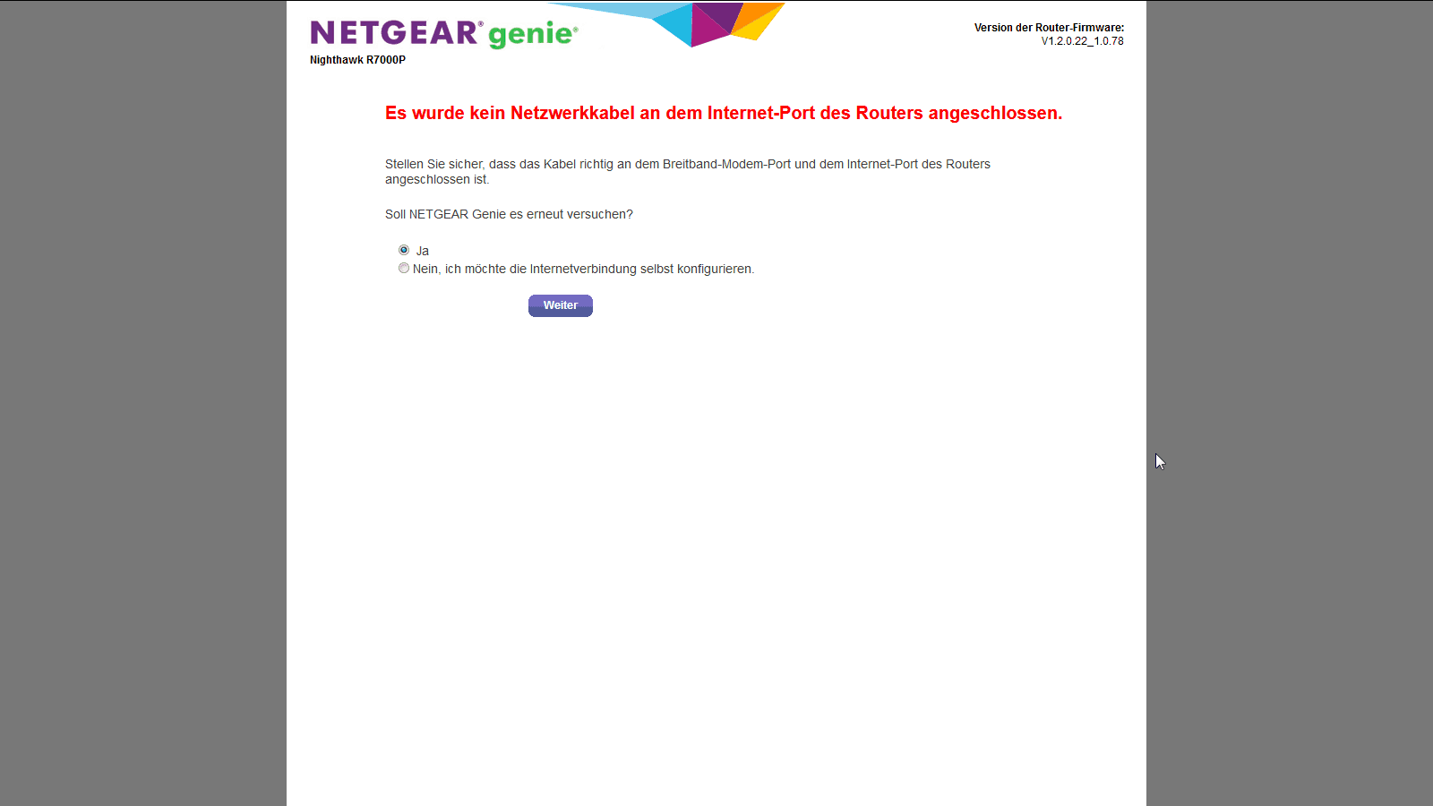 Netgear R-AC2300 Internetverbindung fehlt