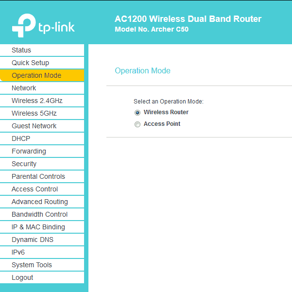 TP-Link Archer C50 – Betriebsmodus festlegen