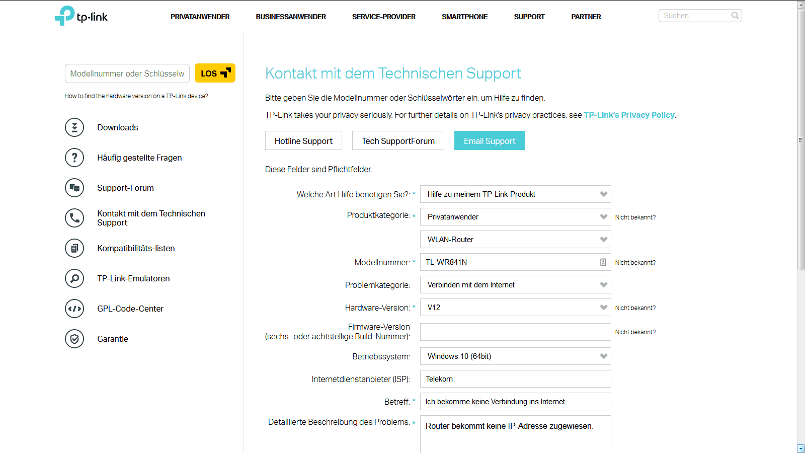 TP-Link TL-WR841N Kontaktaufnahme Support