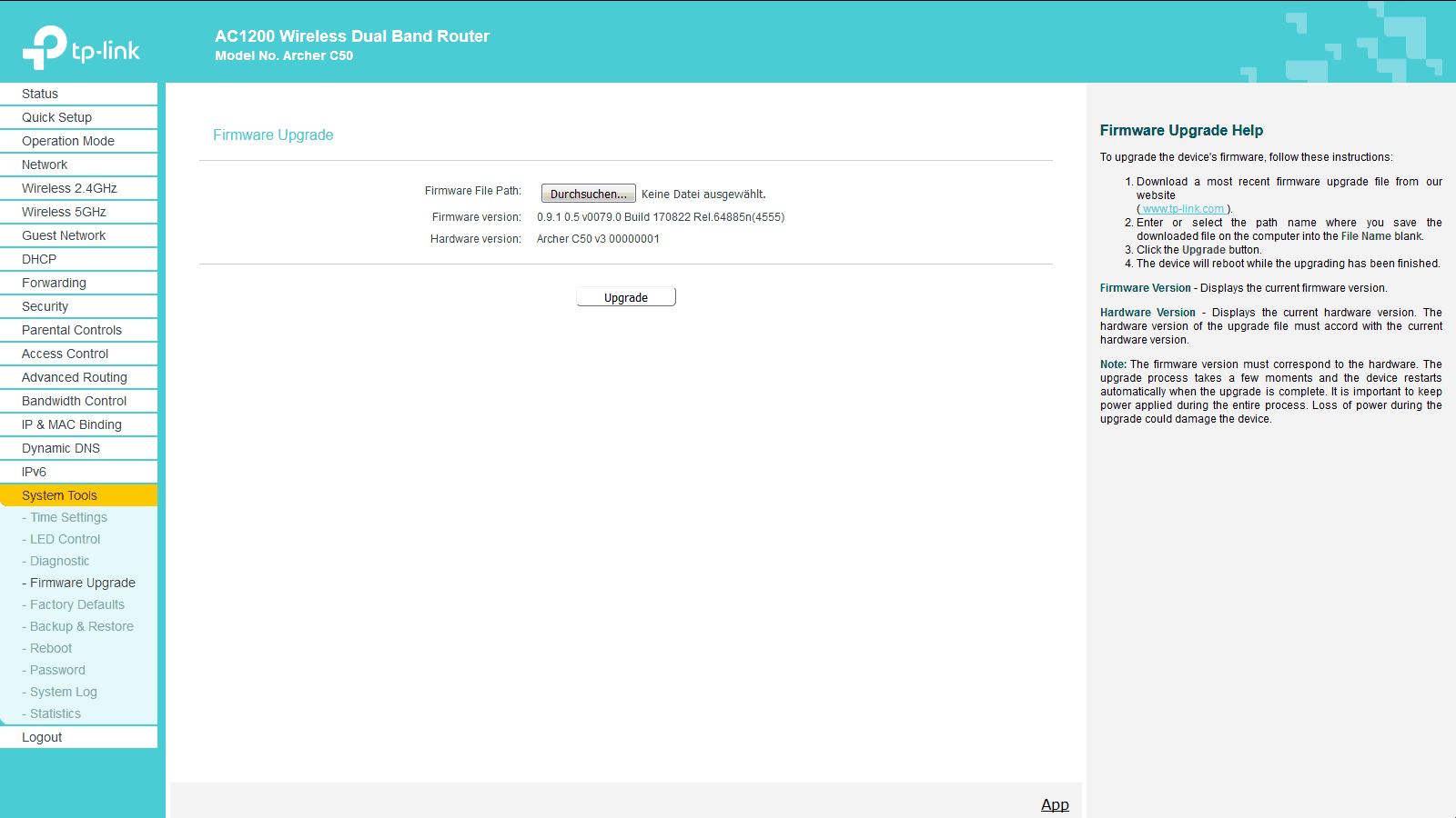TP-Link Archer C50 – Firmware einspielen