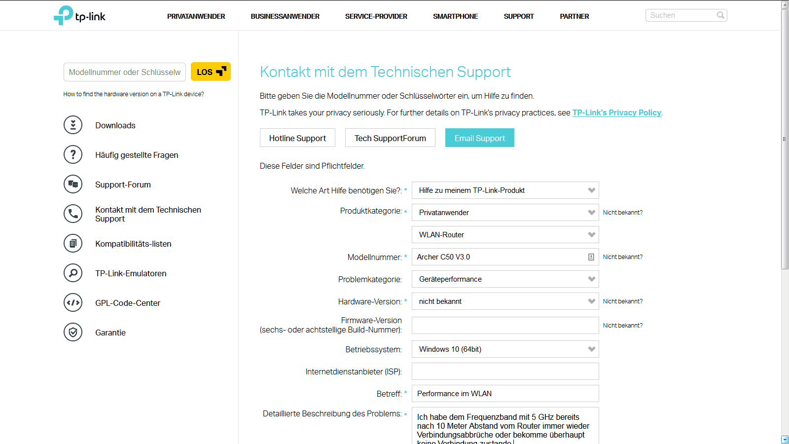 TP-Link Archer C50 – Supportanfrage