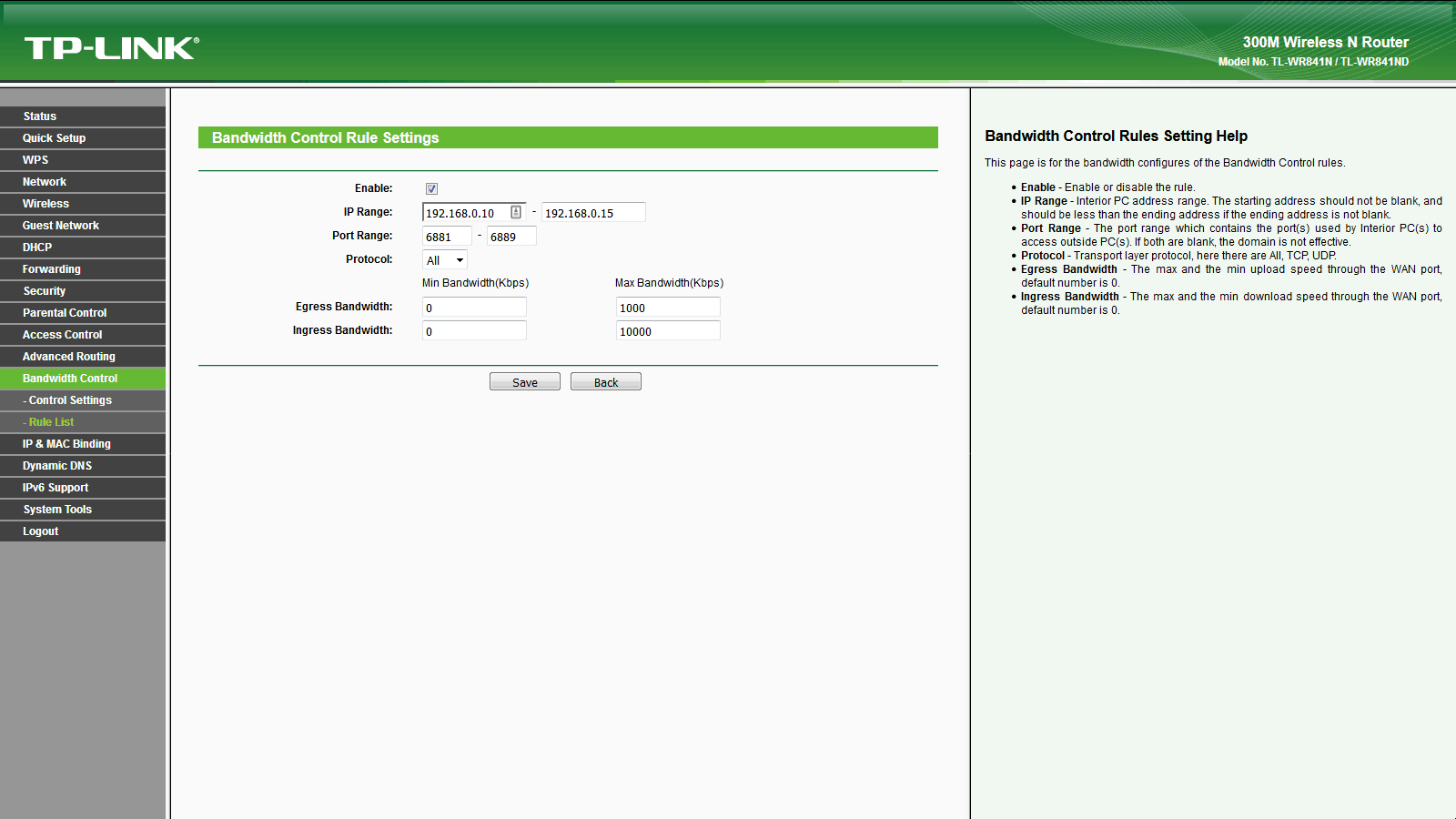 TP-Link TL-WR841N Bandbreite pro Dienst