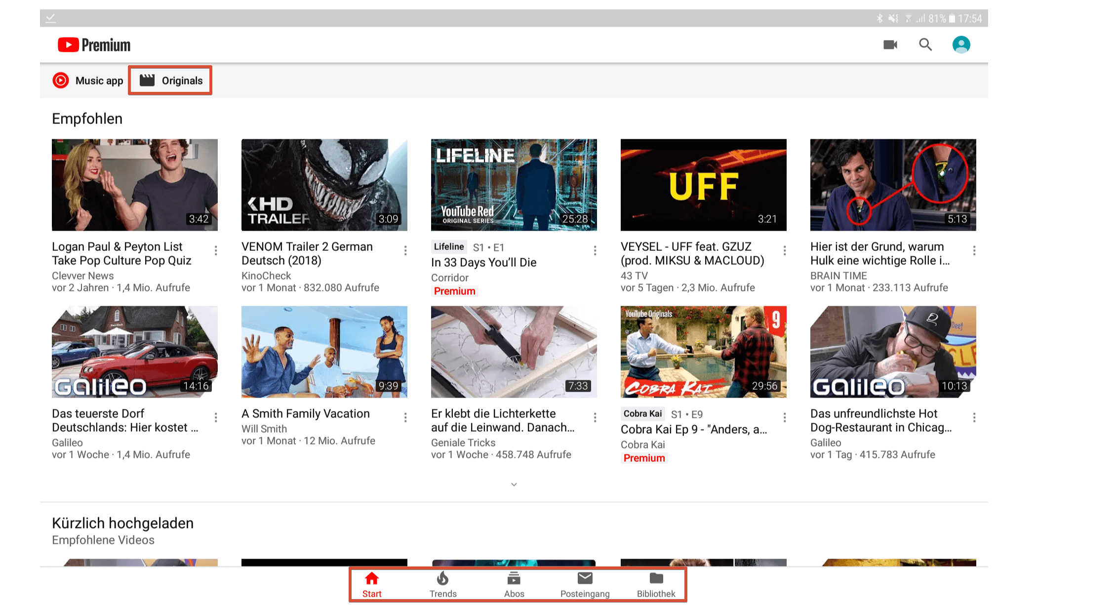 YouTube Premium App-Startseite