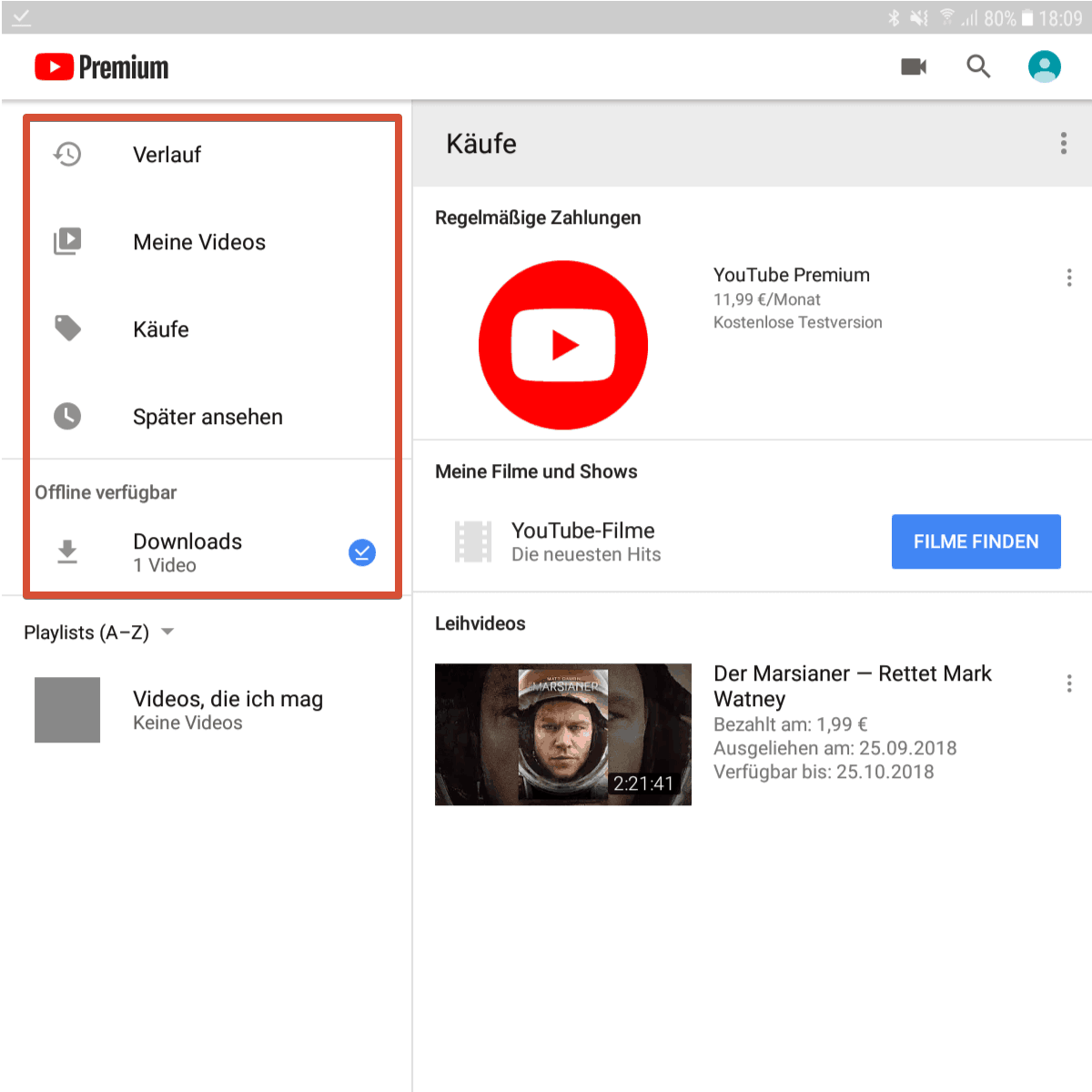 YouTube Premium Bibliothek
