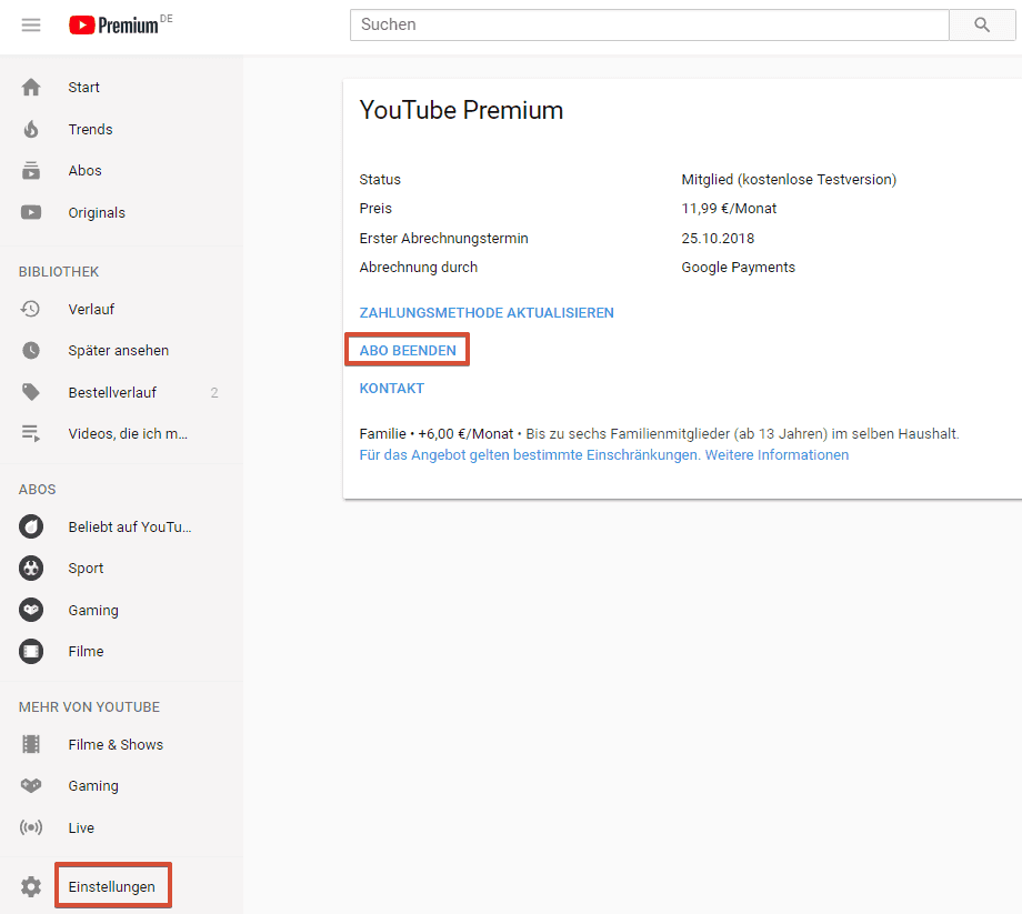 YouTube Premium kündigen