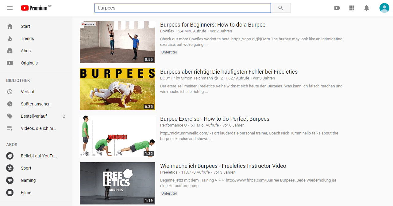 YouTube Premium Suche