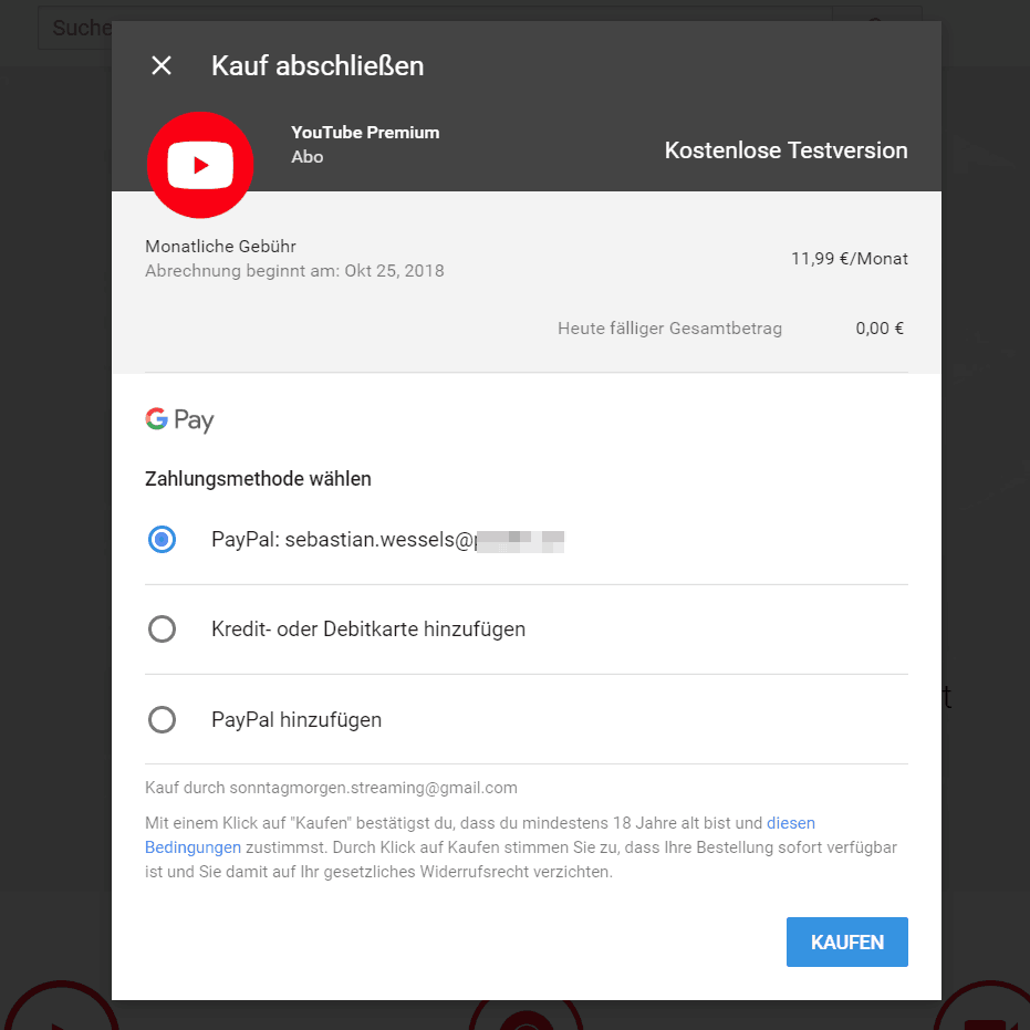 YouTube Premium Zahlungsmethoden
