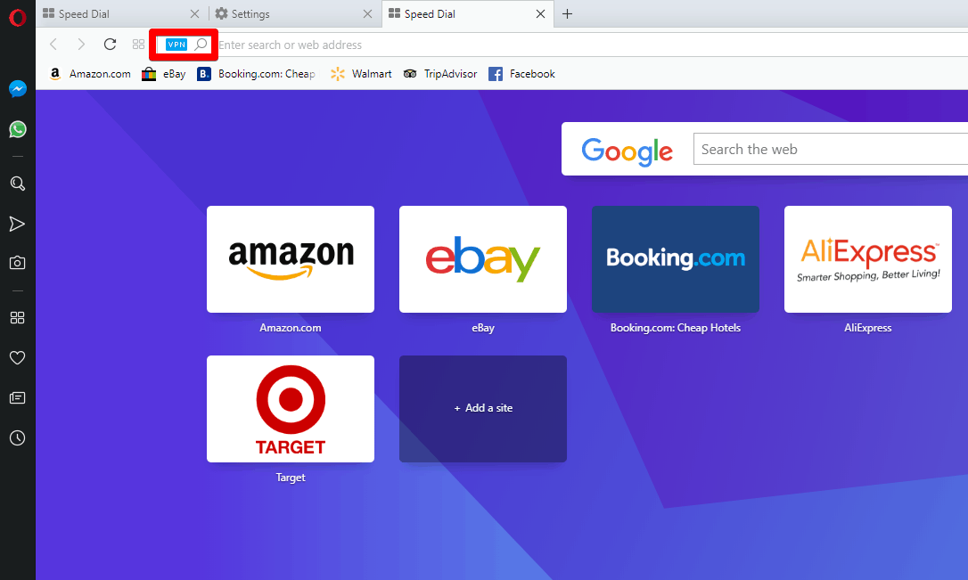 Website Opera Browser VPN aktiviert