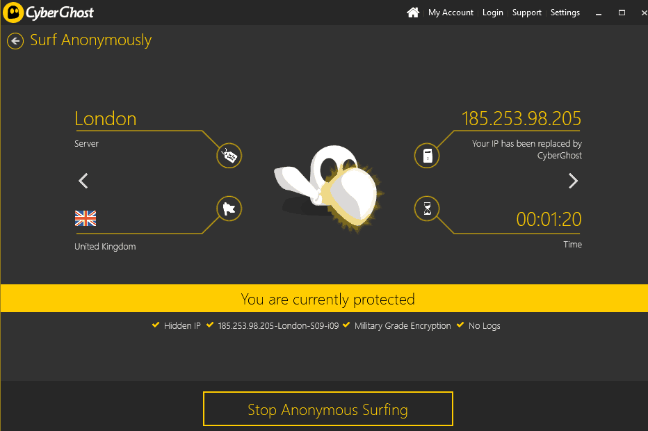 VPN CyberGhost Connected