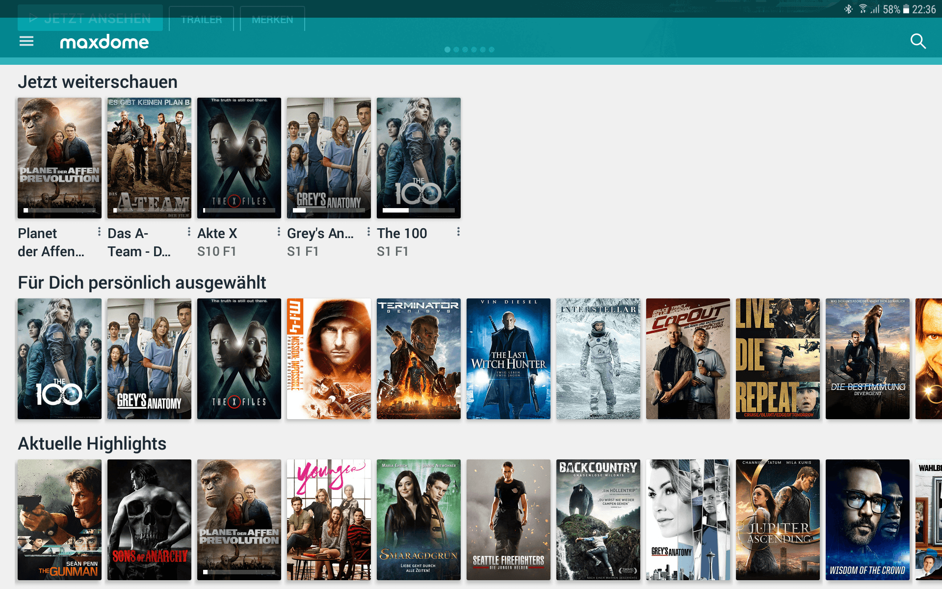Maxdome App Startseite