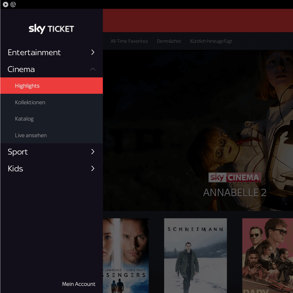 Sky Ticket App Menue