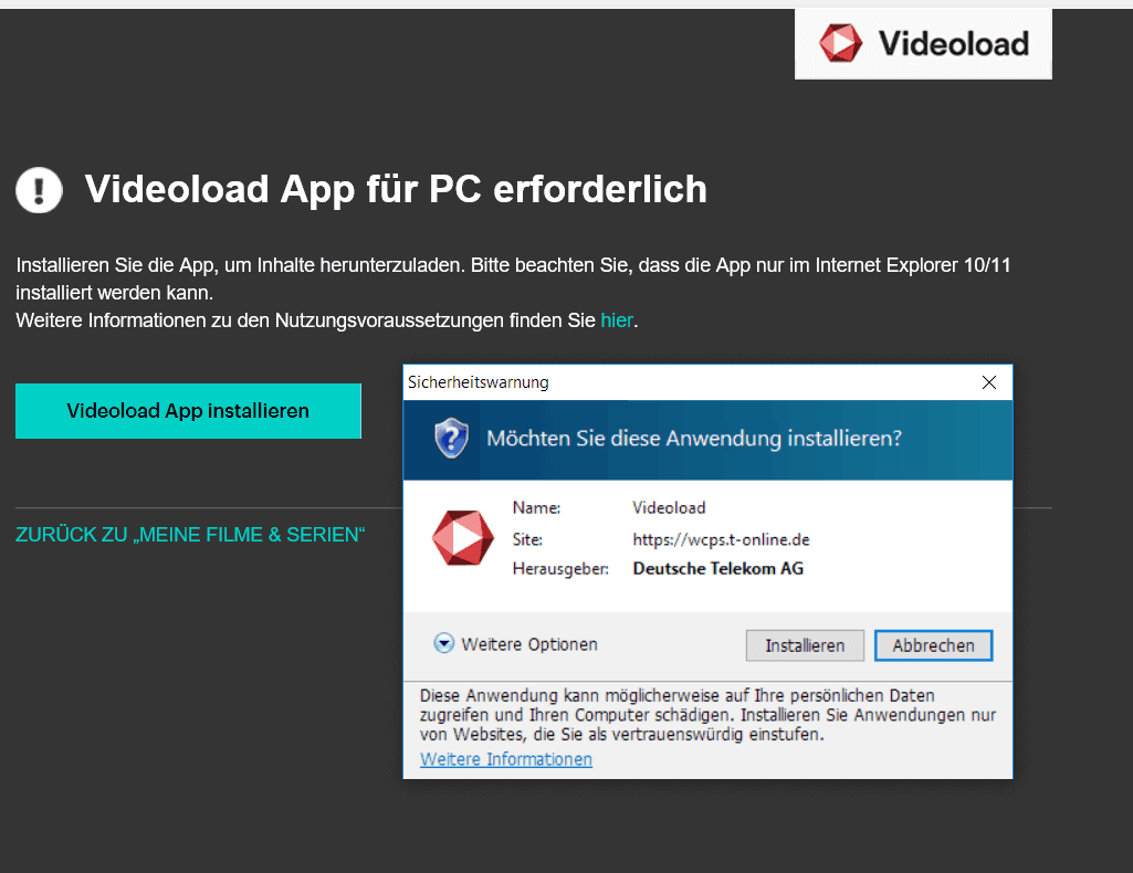 Videoload App fuer PC installieren