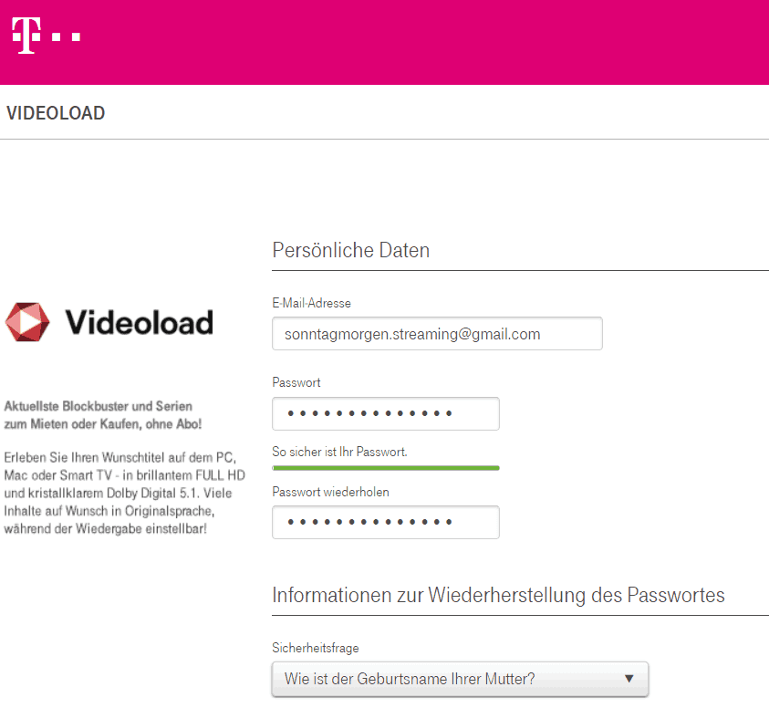 Videoload Registrierung