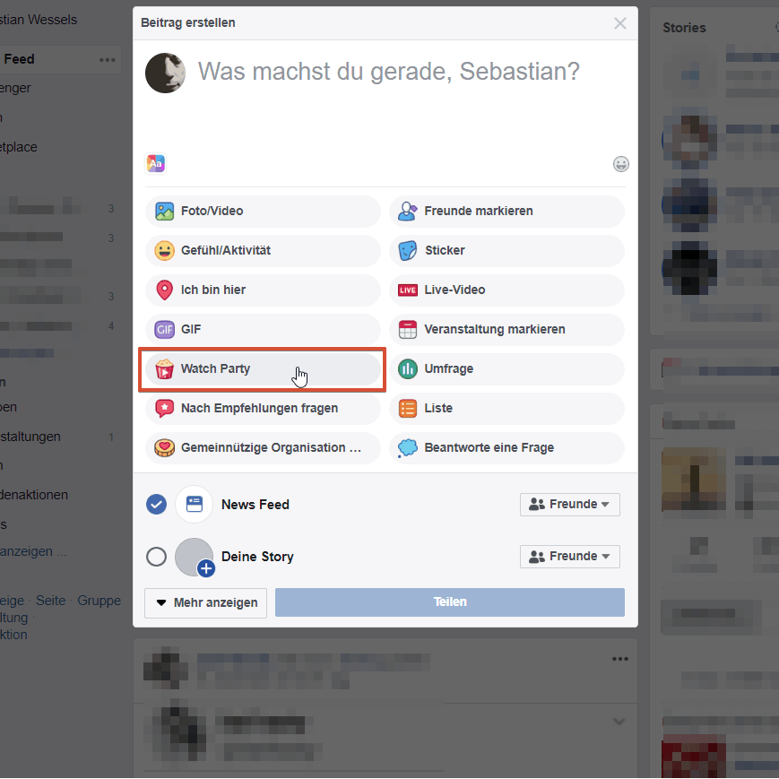 Facebook Watch Party erstellen Button