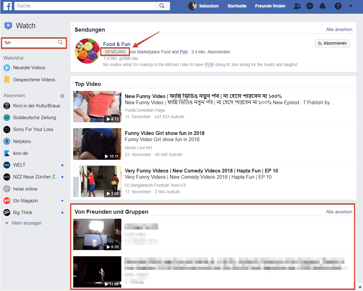 Facebook Watch Suche