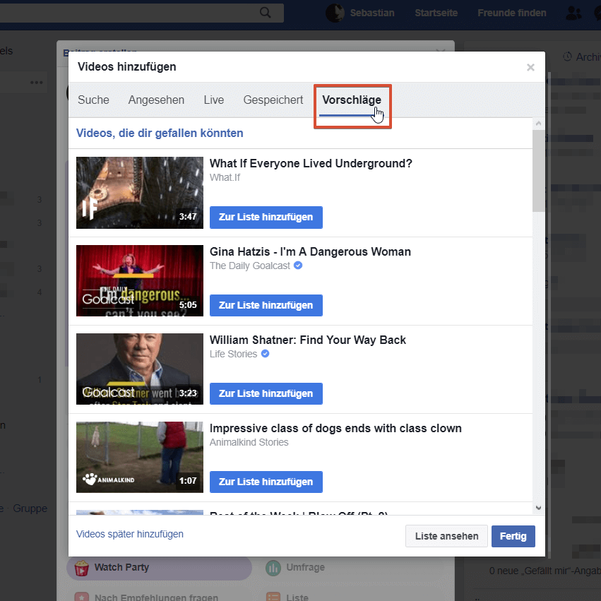 Facebook Watch Party Video Vorschläge