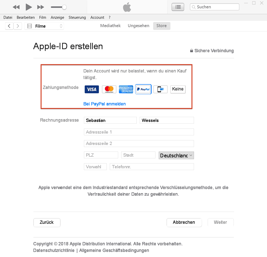 iTunes – Bei PayPal anmelden