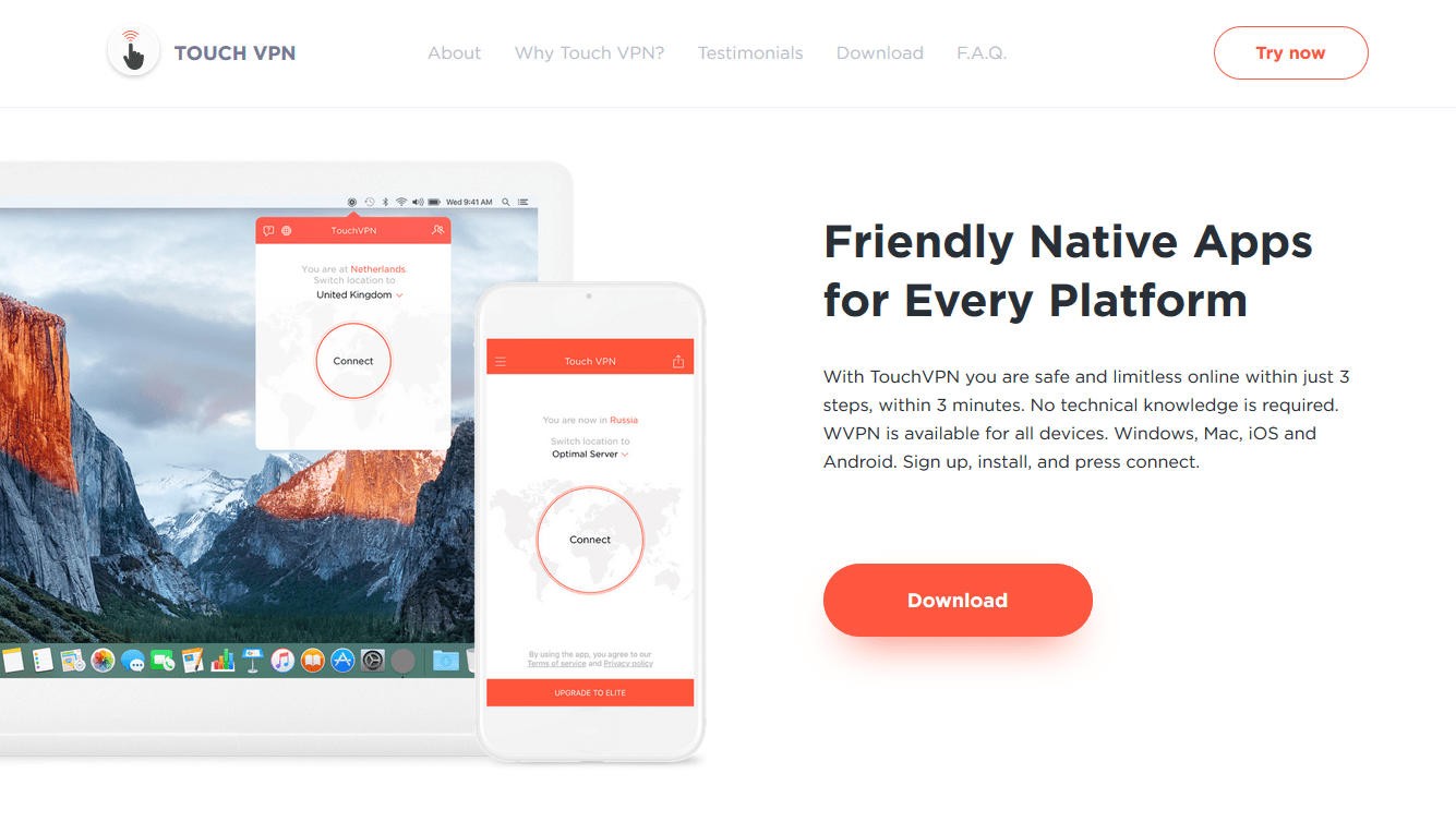 TouchVPN Homepage, Stand: Dezember 2018