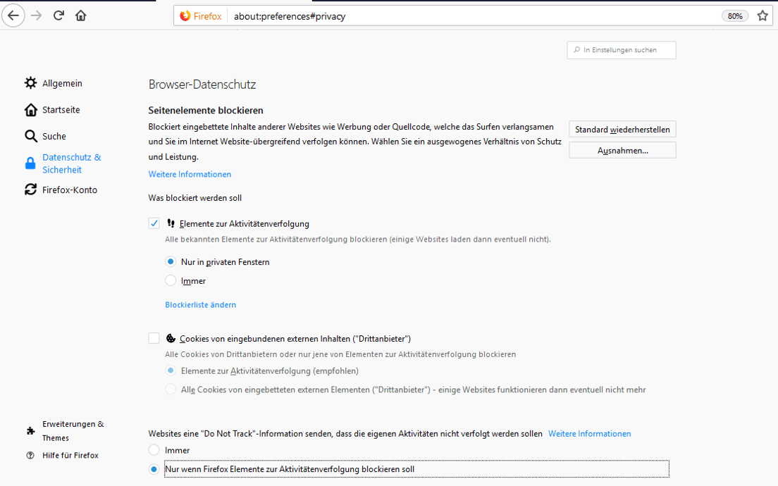 Firefox Tracking-Einstellungen