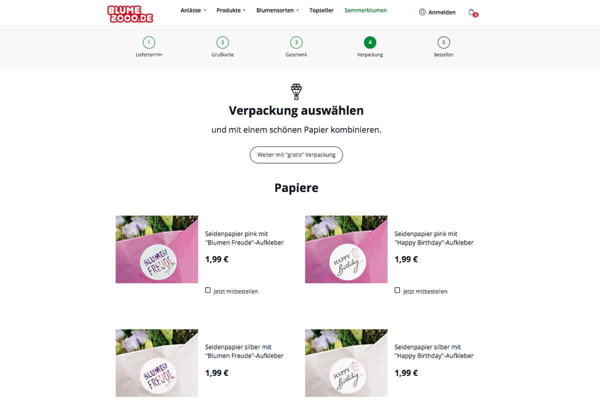 Blume 2000 Bestellvorgang - Verpackung