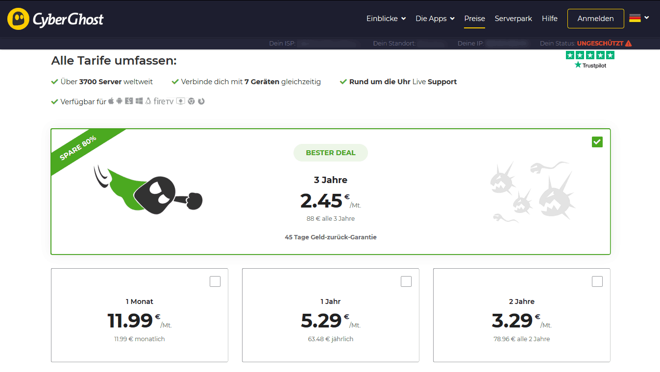 CyberGhost Kostentabelle auf Webseite