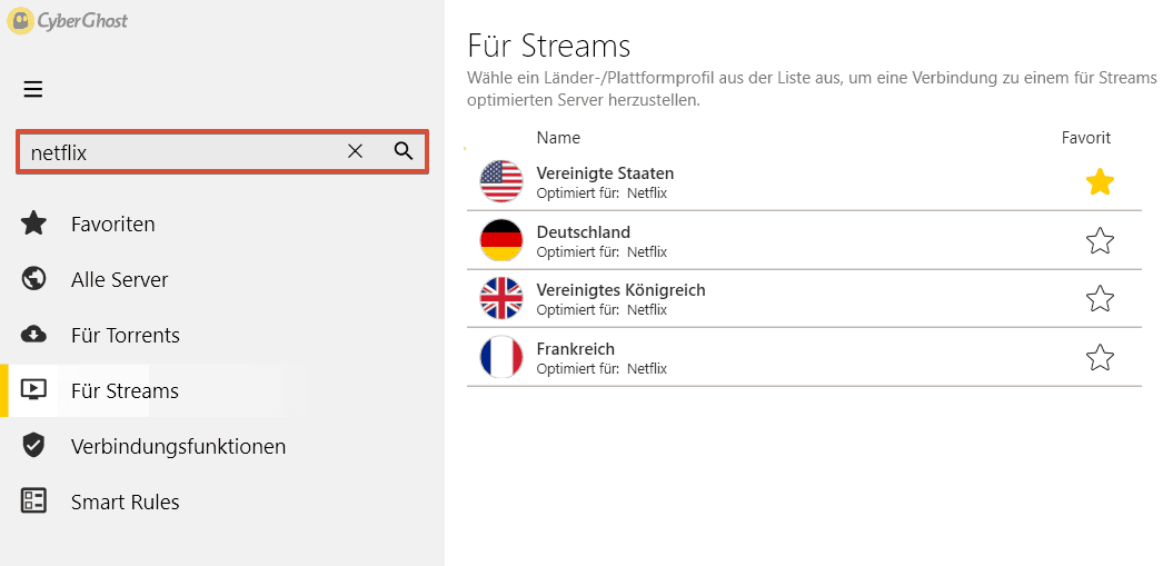 CyberGhost Server Suche