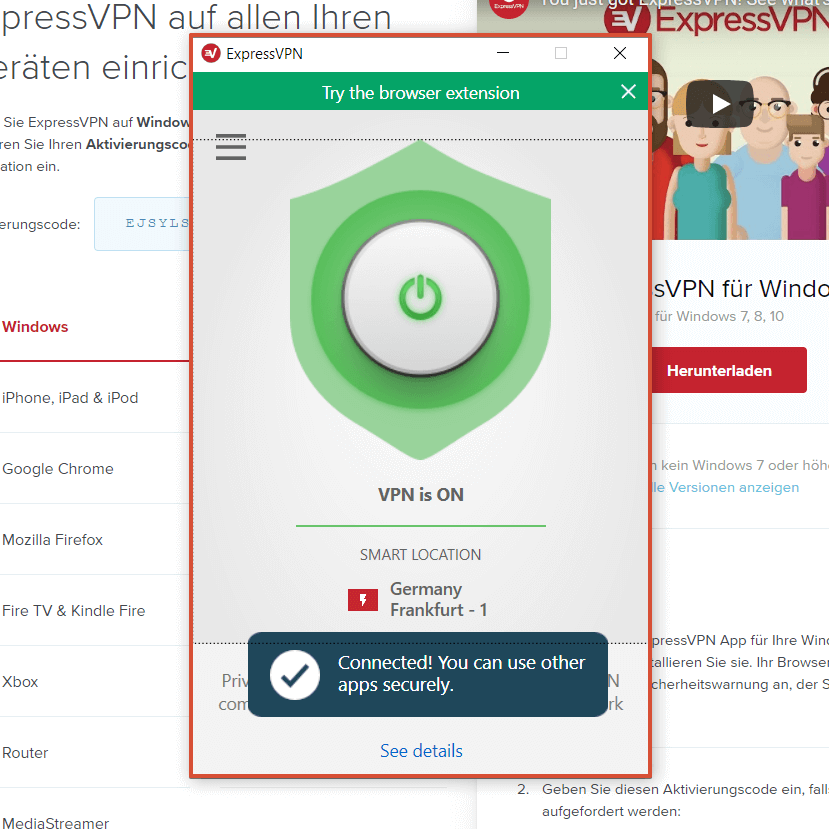 ExpressVPN Button verbunden