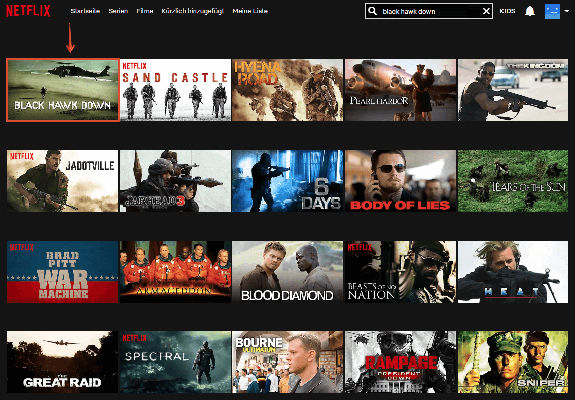 Screenshot: Netflix USA Filmsuche Black Hawk Down
