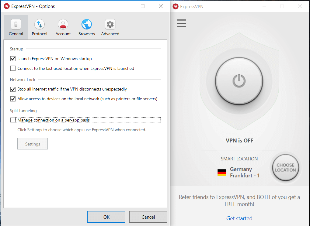 Screenshot der ExpressVPN-Software mit Sicherheitsoptionen