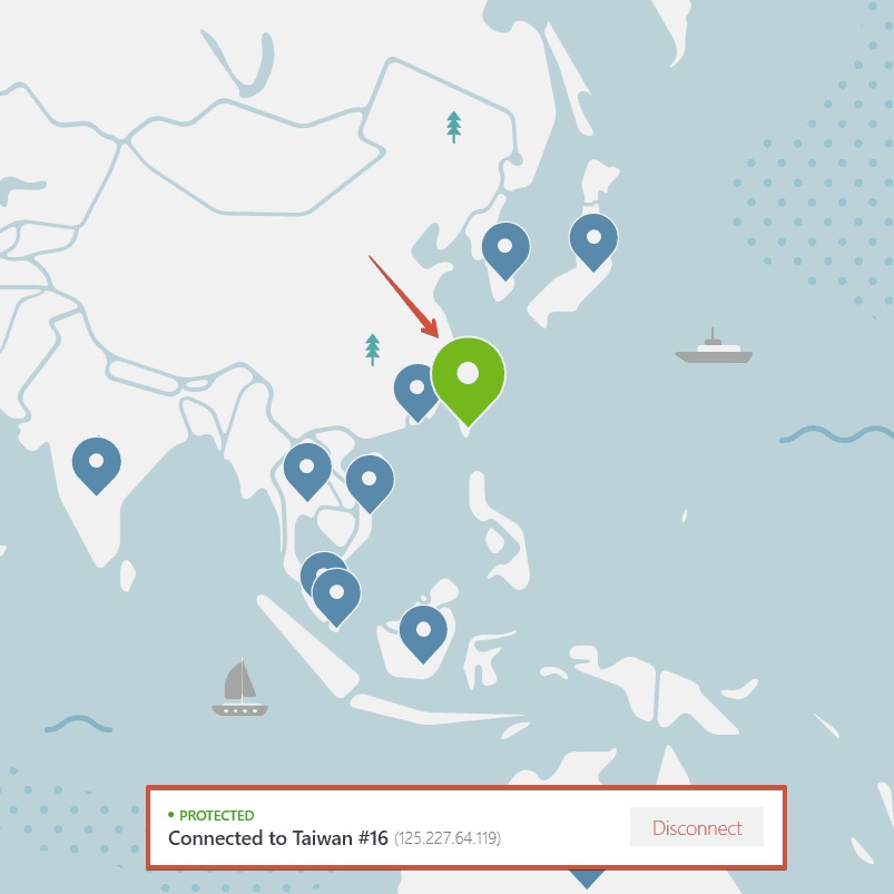 NordVPN – mit Taiwan verbunden