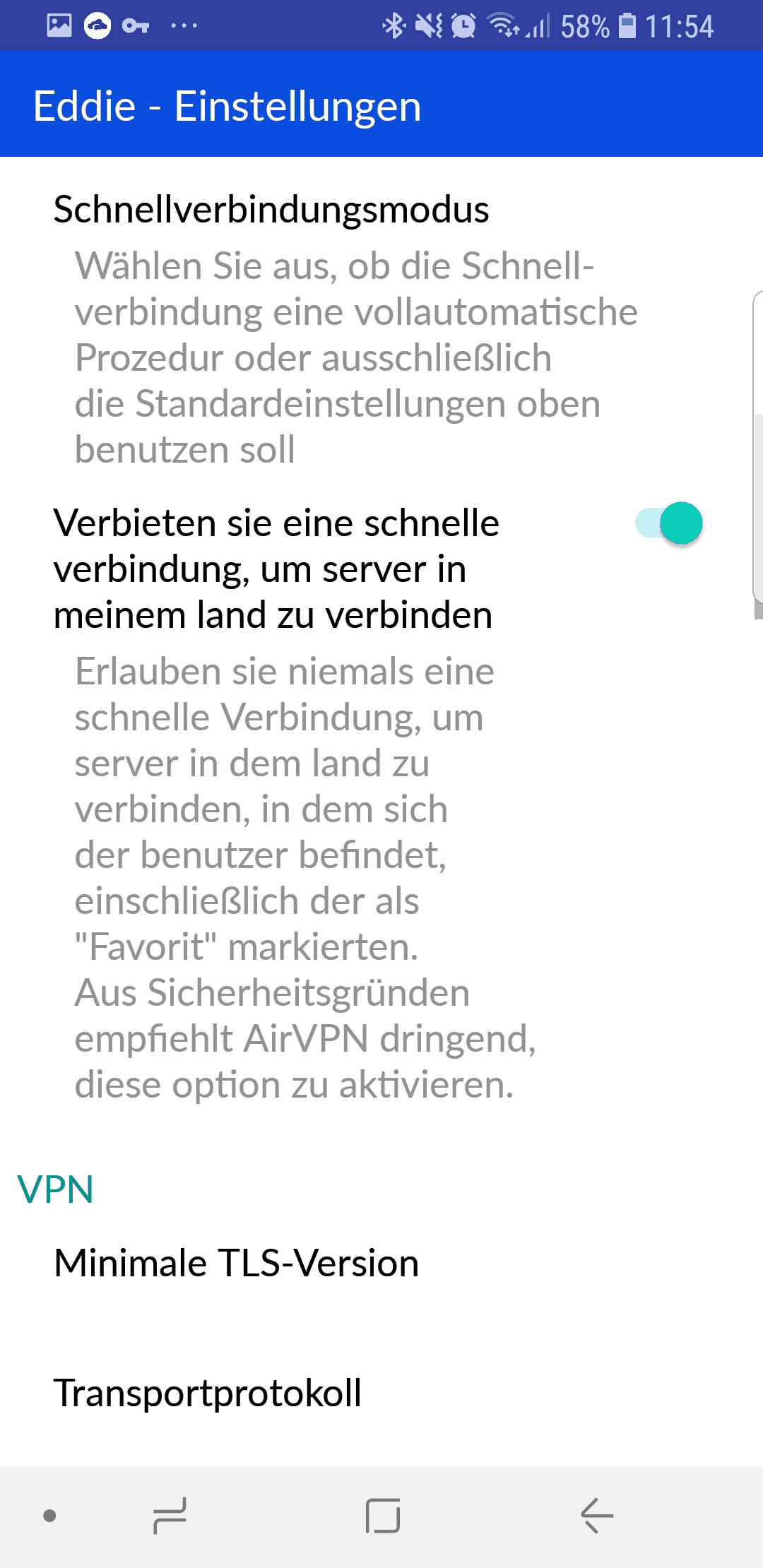 AirVPN App Einstellungen