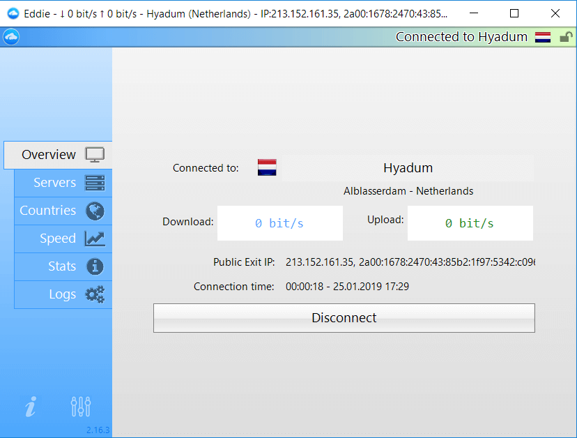 AirVPN connected Netherlands