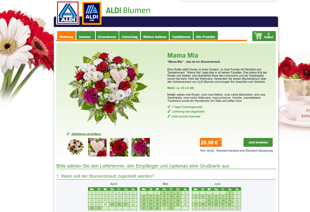 Blumen zum Muttertag – Beispielstrauß und die Lieferoptionen auf der ALDI-Blumen-Website