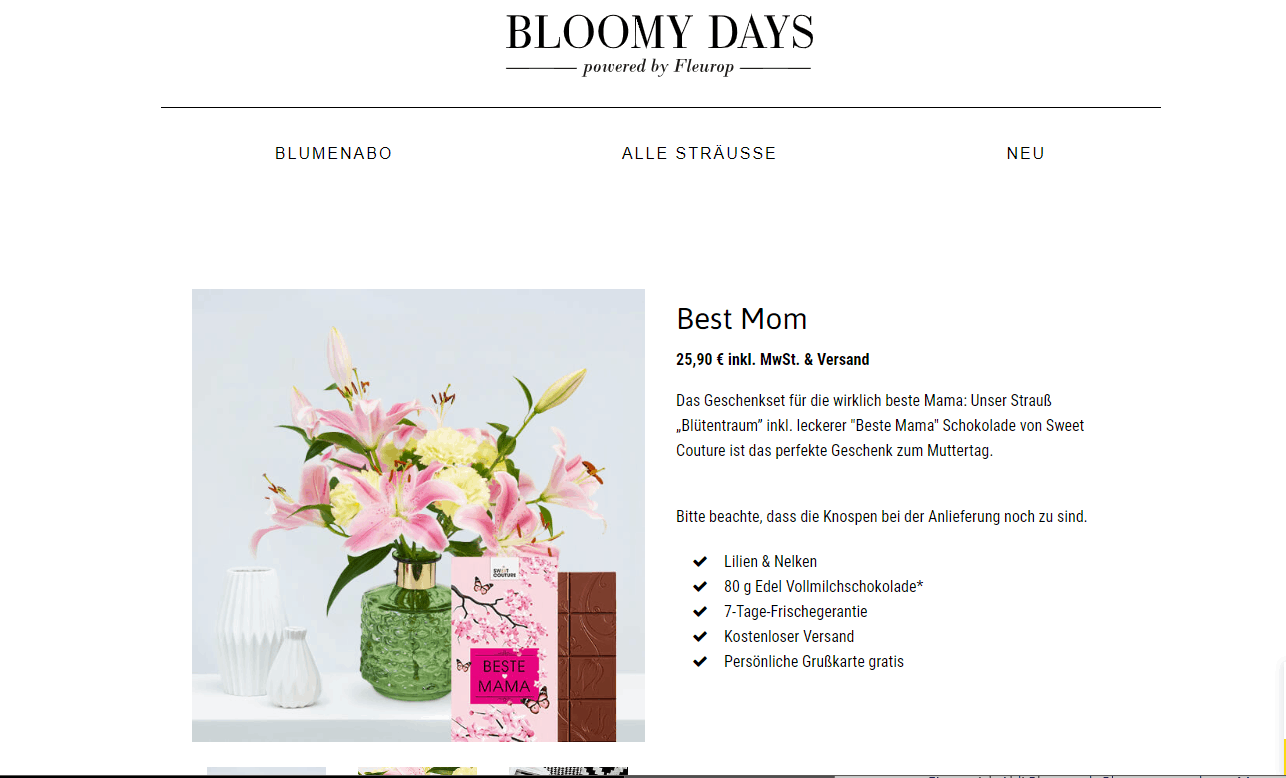 Blumen zum Muttertag – Beispielstrauß auf der Bloomy-Days-Website